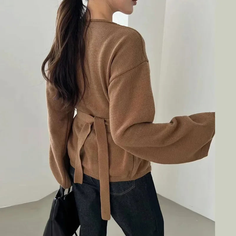 maoxiangshop - Elegant Knitted Cardigan With Belt Women Casual V-neck Long Sleeve Loose Sweater 2024 Autumn New Office Lady Lazy Tops Knitwear