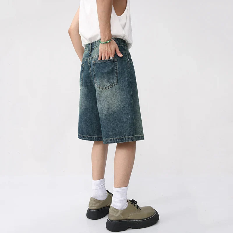 maoxiangshop Summer Denim Shorts Men's Loose Korean Style Retro Short Jeans Fashion Washed Casual Knee Length Pant New Streetwear