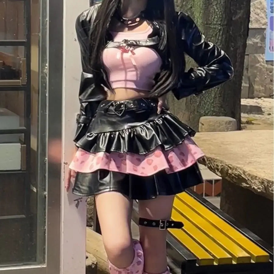 maoxiangshop - Black Sexy Party 3 Piece Set Women Autumn Casual Lolita Print Cake Skirt Suit Female Korean Black Coat+Cute Tops+Sweet Skirt
