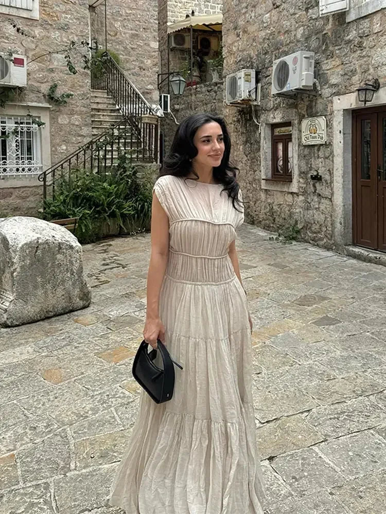 Summer Lady Elegant Pleated Hem Solid Maxi Dress Fashion Short Sleeve Round Neck Robe Casual Women Commuting Office Dresses