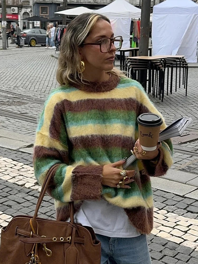 maoxiangshop - Casual Striped Mohair Sweater Women Loose Contrast O-neck Long Sleeve Pullovers 2024 Autumn Winter Lady Street Outwear