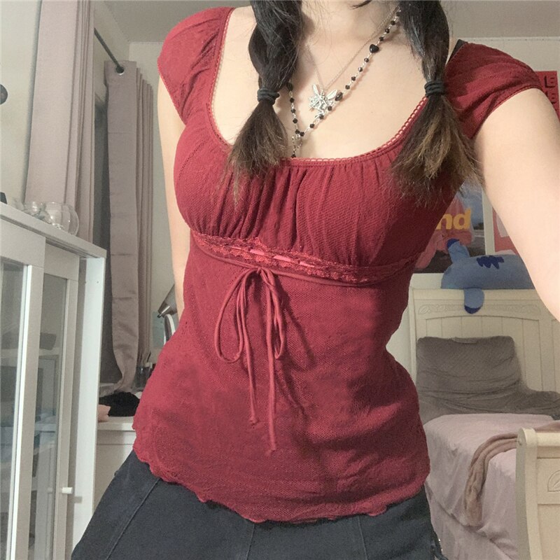 maoxiangshop y2k Aesthetic Lace Tops Fairy Grunge Women Short Sleeve Drawstring Tshirt Off Shoulder Clothes Korean Fashion T Shirt Streetwear