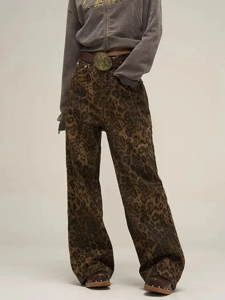 maoxiangshopTan Leopard Jeans Women Denim Pants Female Oversize Wide Leg Trousers Streetwear Hip Hop Vintage Clothes Loose Casual