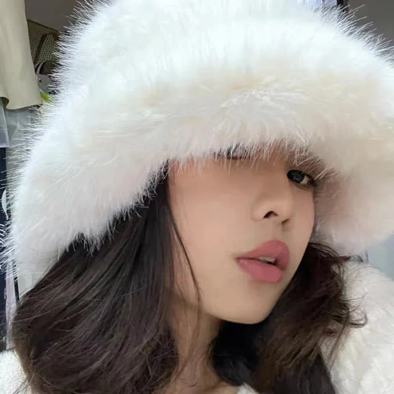maoxiangshop - Fluffy Fur Bucket Hat for Women Imitation Mink Hair Warm Basin Cap Thickened Plush Winter Hats Lady Fashion Panama Fisherman Cap