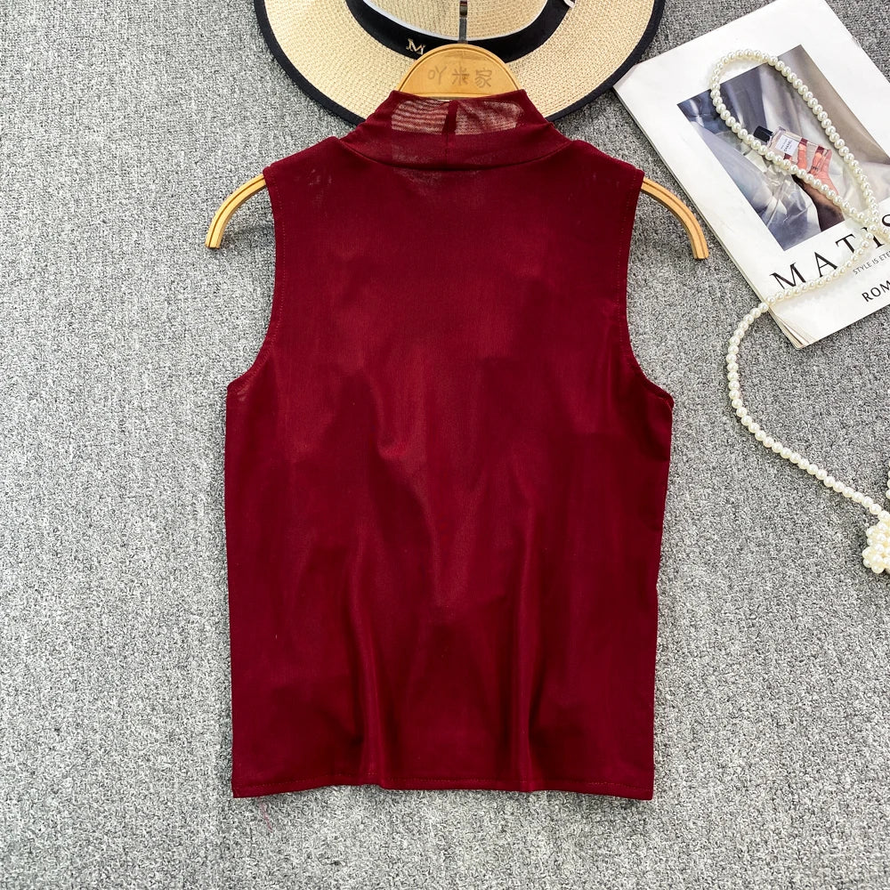maoxiangshop American Chic Tank Top Women 3D Floral Mesh Sheer Stand Collar Sleeveless Female Crop Tops Streetwear Hot Camisole