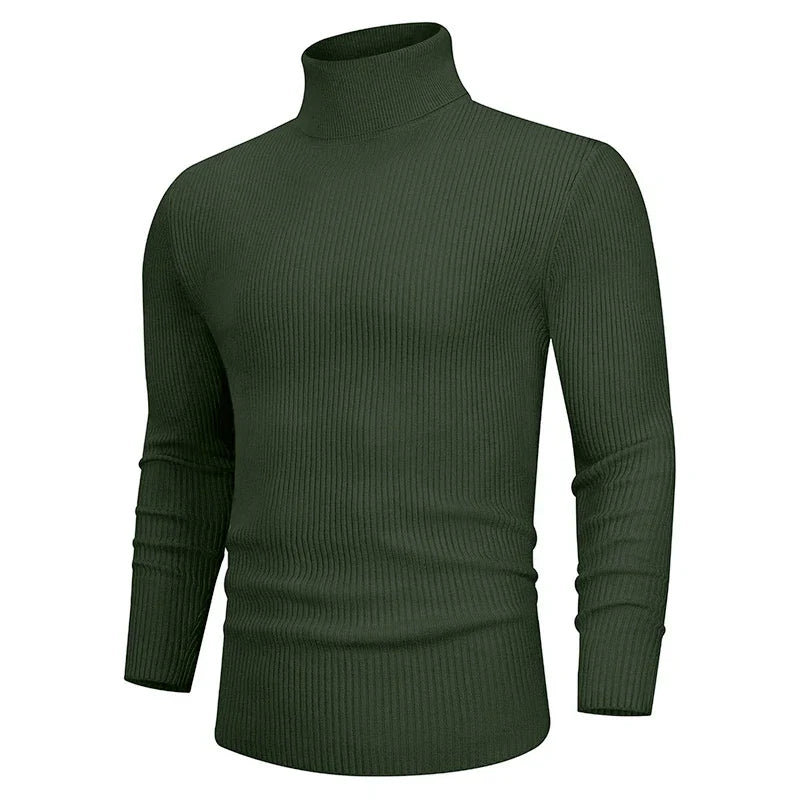 maoxiangshop New Fall Long Sleeved Turtleneck Sweaters Men's Casual Breathable Top Solid Color Elastic Slim Autumn Warm Stripe Streetwear