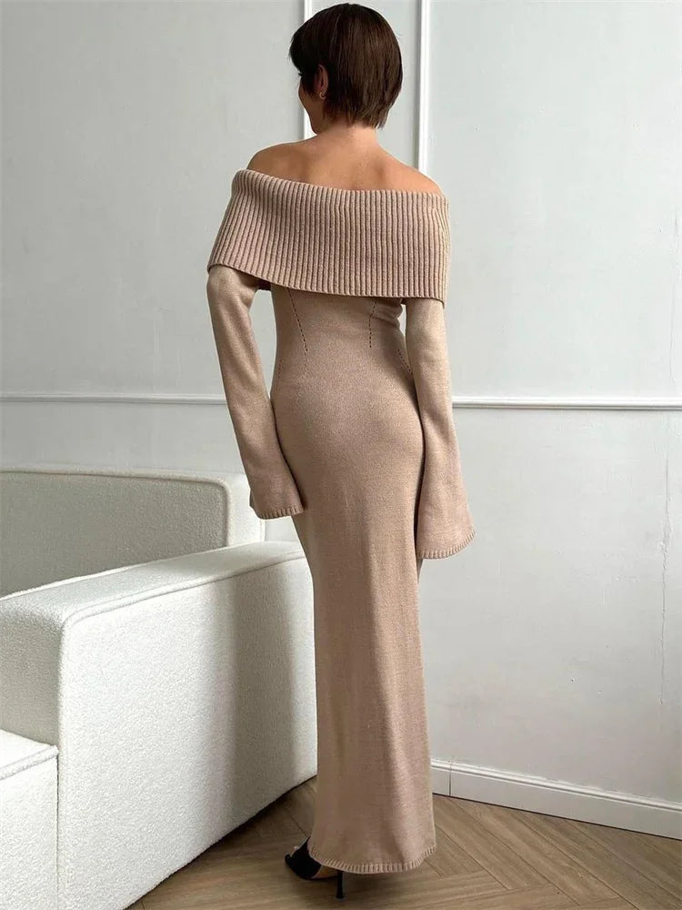 maoxiangshop - White Autumn Knit Sweater Long Dress Women Ribbed High Waist Fashion Off-Shoulder Loose Party Dress Female Knitwear Dress