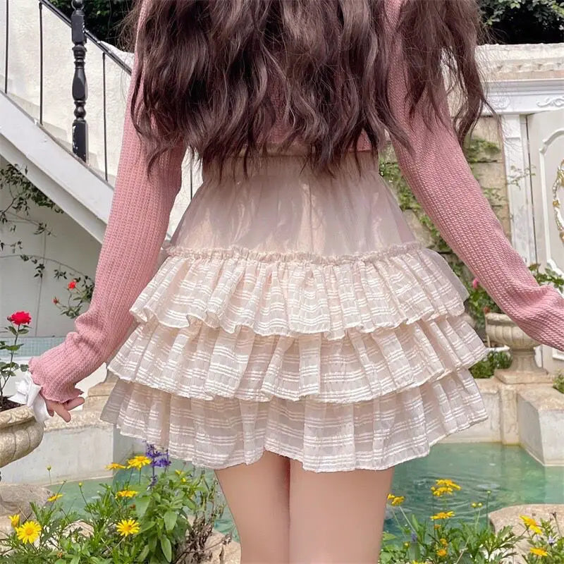 maoxiangshop Kawaii Ruffle Skirt Women Coquette Cute Lolita High Waist A-line Bow Lace Fairycore Mesh Mini Skirt Summer Mori Girl