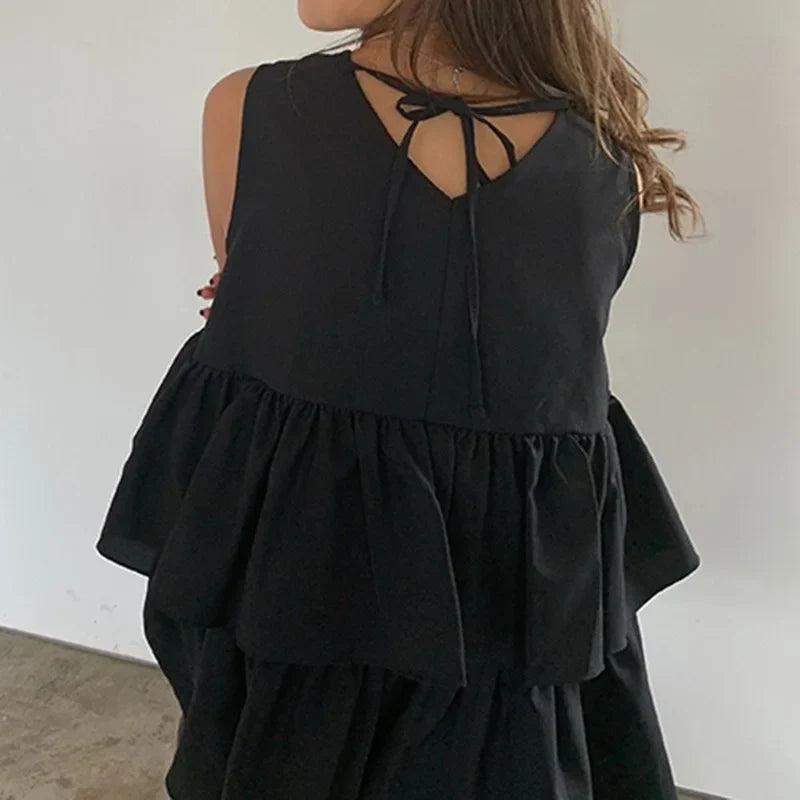 maoxiangshop - New Fashion Black Sleeveless Women's Summer Kawaii Round Neck T-shirt Top with Ruffled Cute Korean Women's Vest Top Loose