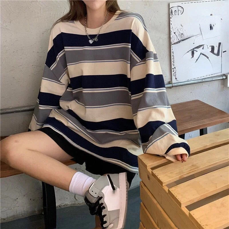 maoxiangshop autumn Hoodies Striped Oversized Sweatshirt Women Harajuku Pullovers Korean Fashion Couples Matching Long Sleeve Tops Streetwear