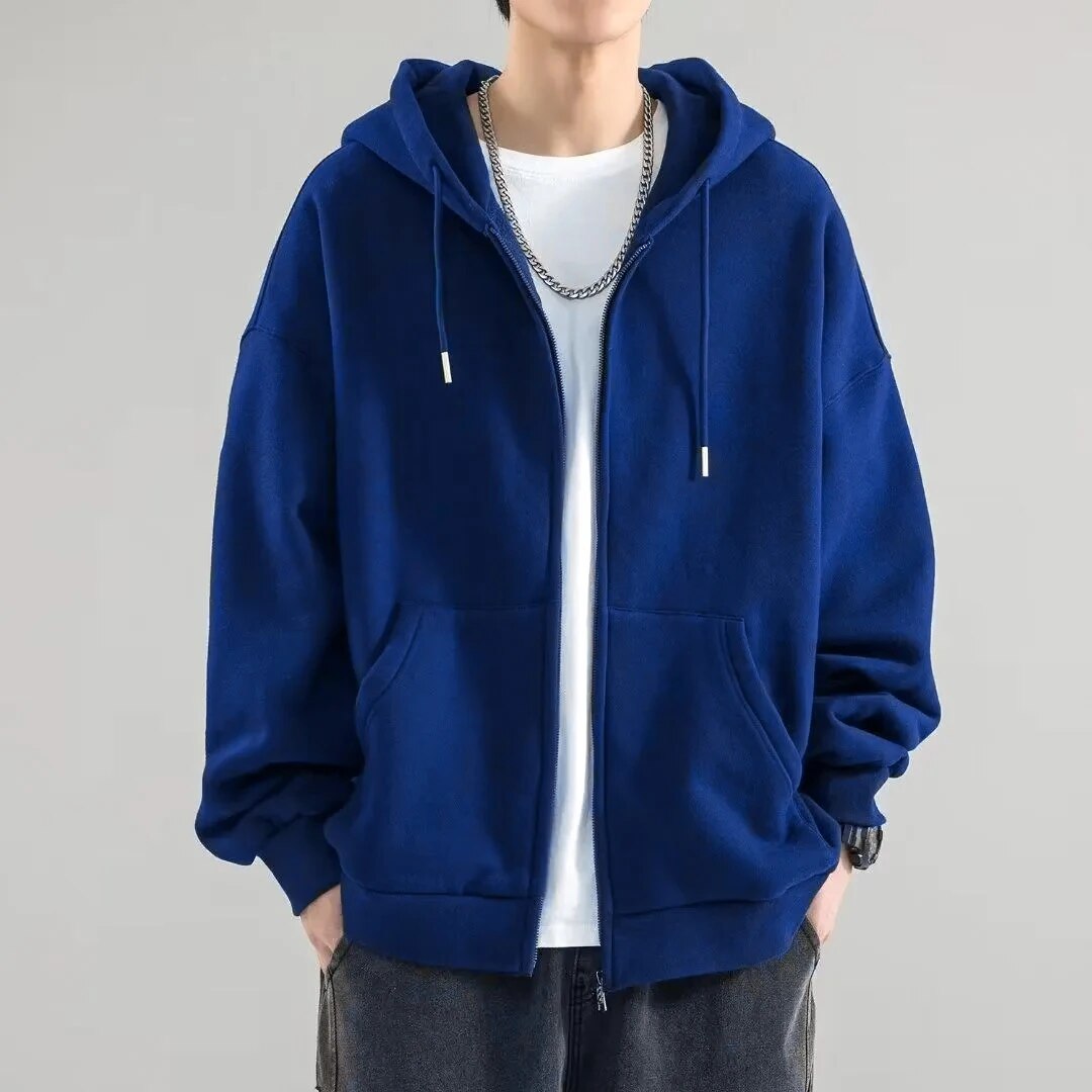 maoxiangshop American Heavyweight Basic Solid Color Cardigan Sweatshirt Men's Tide Loose Large Size Men's Hooded Sweatshirt Jacket 5xl