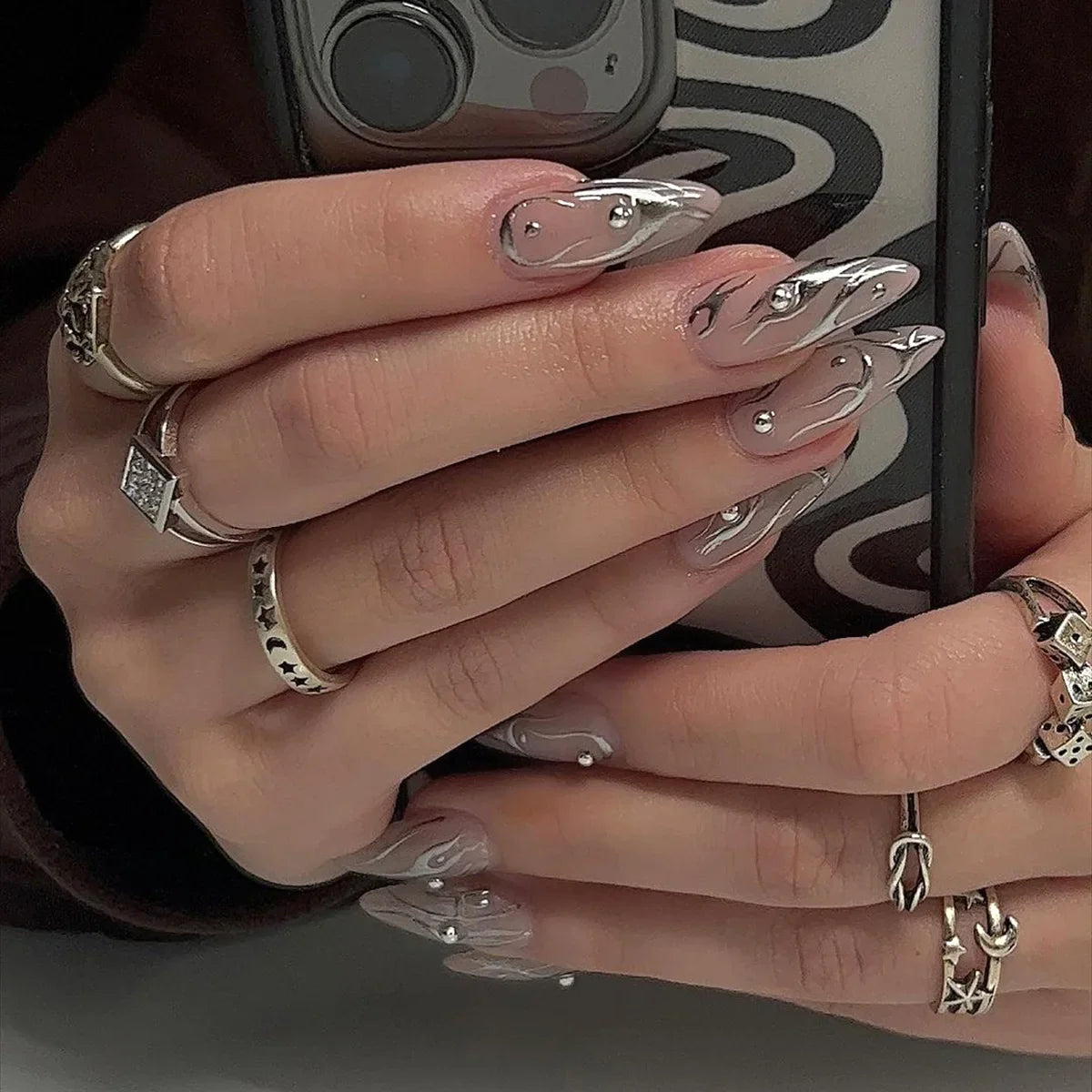 maoxiangshop 24Pcs False Nails With Glue Almond Pink Butterfly Design Detachable Rhinestones Acrylic Fake Nails long stiletto Press On Nails