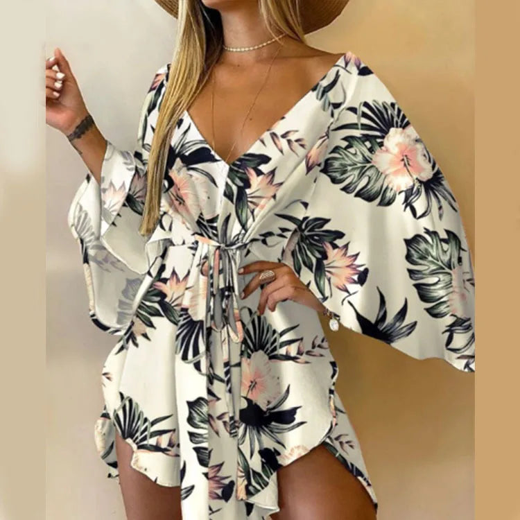maoxiangshop-New Sexy V-neck Irregular Doll Sleeve Lace-up Dress