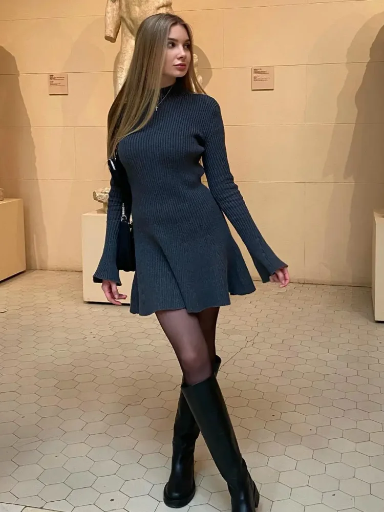 maoxiangshop - White Knitted Women Dress 2024 Winter Black Long Sleeve Mini Sweater Dress Ladies Elegant Pleated Knit Party Dress Knitwear