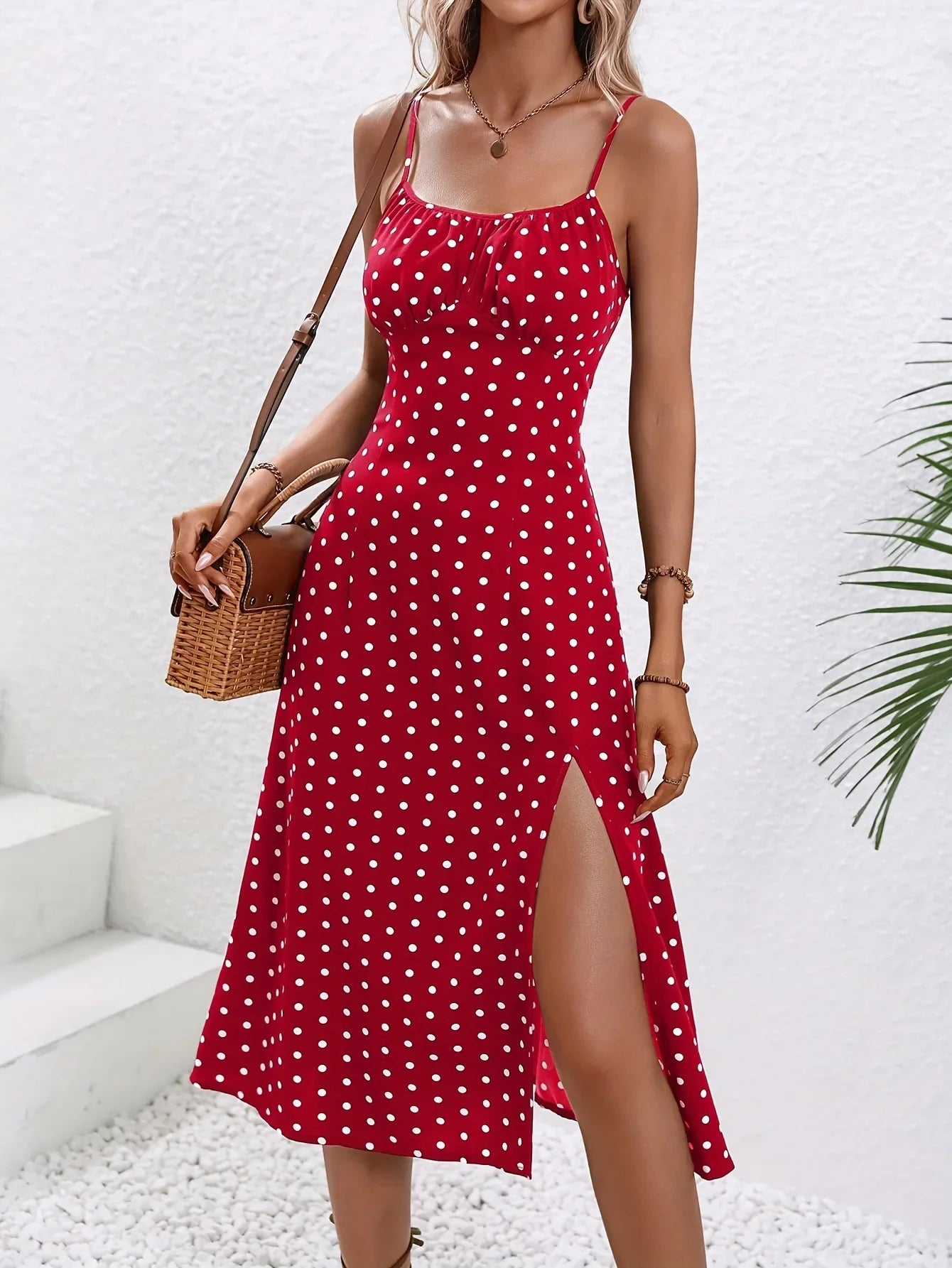 maoxiangshop 2024 Women Floral Print Spaghetti Straps Summer Boho Beach Dress Print Elegant Suspenders Square Neck Slit Dress Vestidos