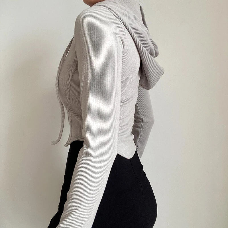 maoxiangshop-Streetwear Slim Fit Cropped Jacket Women Korean Fashion Long Sleeve Hooded Crop Top Woman Wild Ribbed Zipper Up Sweatshirt Mujer