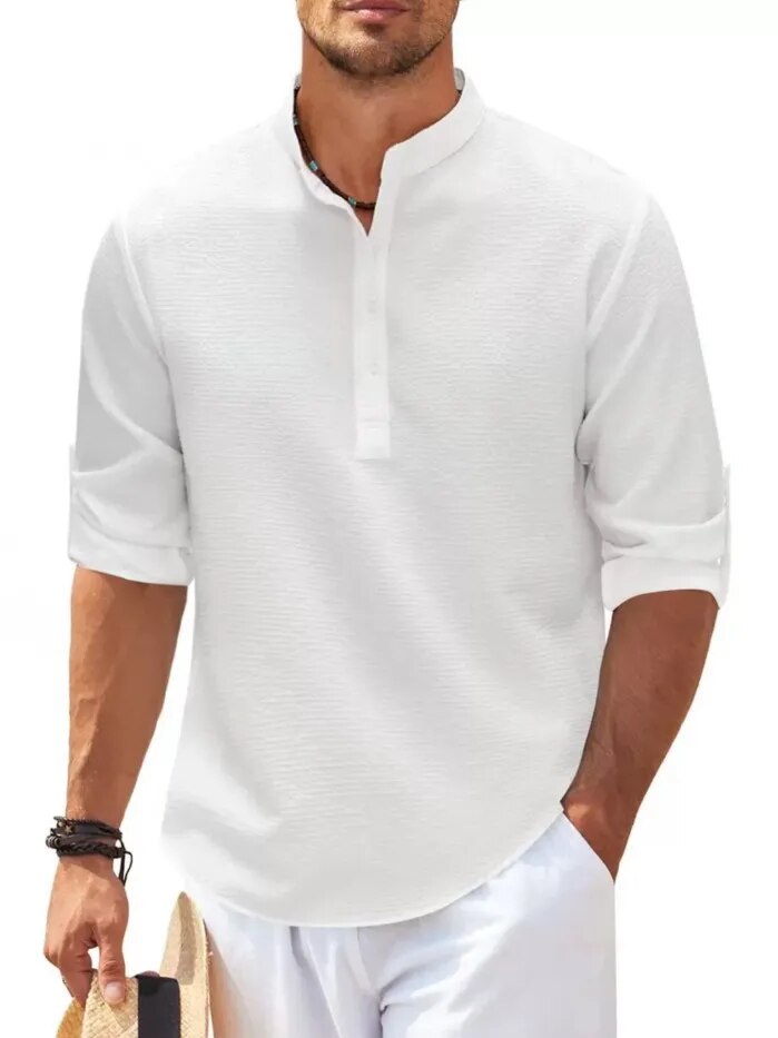 maoxiangshop Cotton Linen Hot Sale Men's Long-Sleeved Shirts Spring Autumn Solid Color Stand-Up Collar Casual Beach Style Plus Size S-5XL