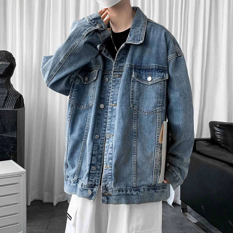 maoxiangshop Men's Clothing New Baggy Denim Jacket Solid Color Casual Korean Fashion Harajuku Oversized Blue Streetwear Male Button Coat