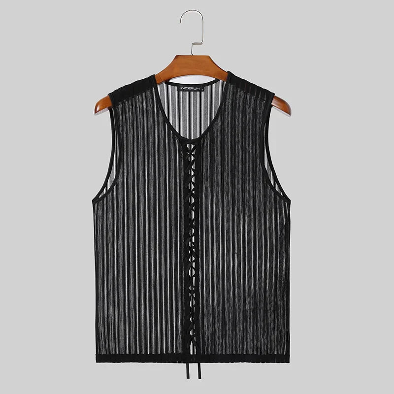 maoxiangshop Men Tank Tops Transparent Lace Up Mesh O-neck Sleeveless Male Vests Summer Streetwear 2024 Skinny Fashion Men Clothing