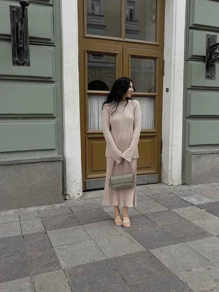 maoxiangshop - Casual Solid Knitted Skirt Suits Women Chic Round Neck Long Sleeves High Waist Pullover Tops 2024 Autumn Lady Office Outfit