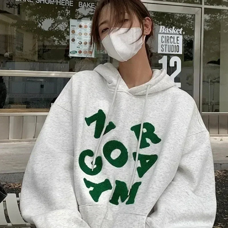 maoxiangshop Korean Autumn Winter Letter Print Hoodie Women Casual Long Sleeve Pullover Tops Hood Shirt Harajuku Oversize Sweatshirt Y2k 후드티