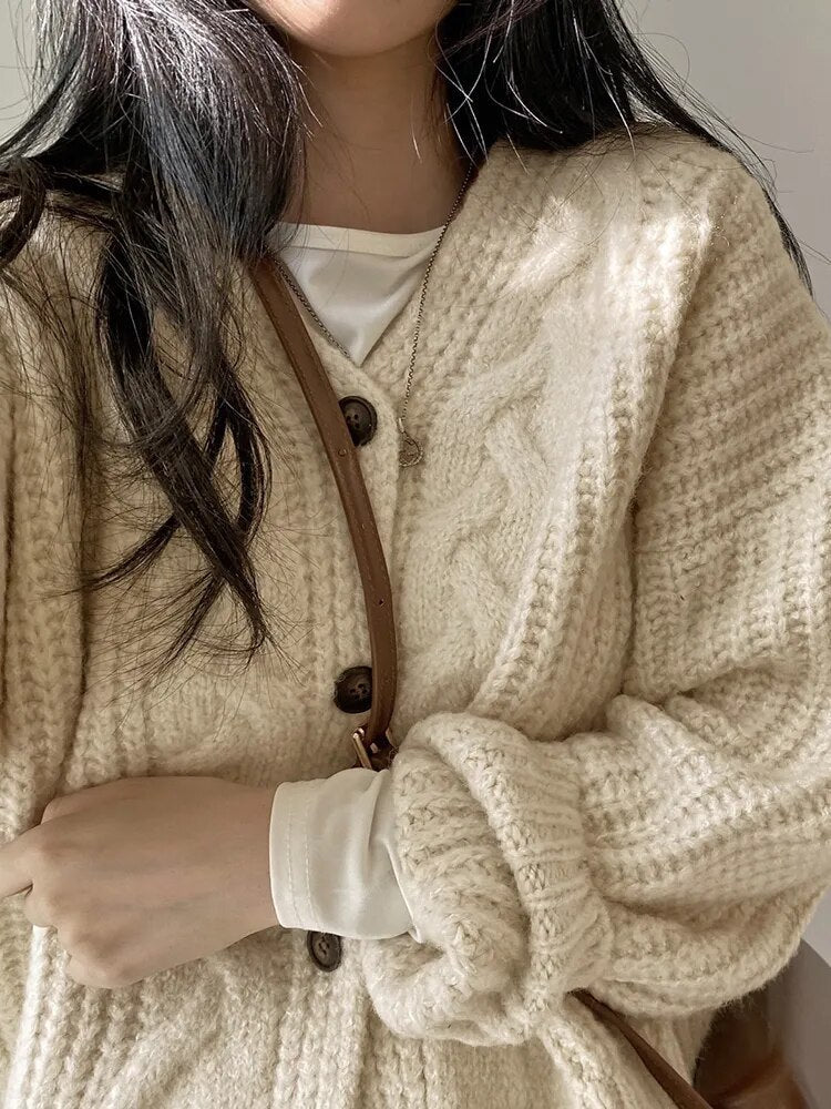 maoxiangshopKorean Thick Women Cardigan Knitted Sweater Autumn Winter chic Loose Long Sleeve Tops Simple Solid sweater jacket for Female