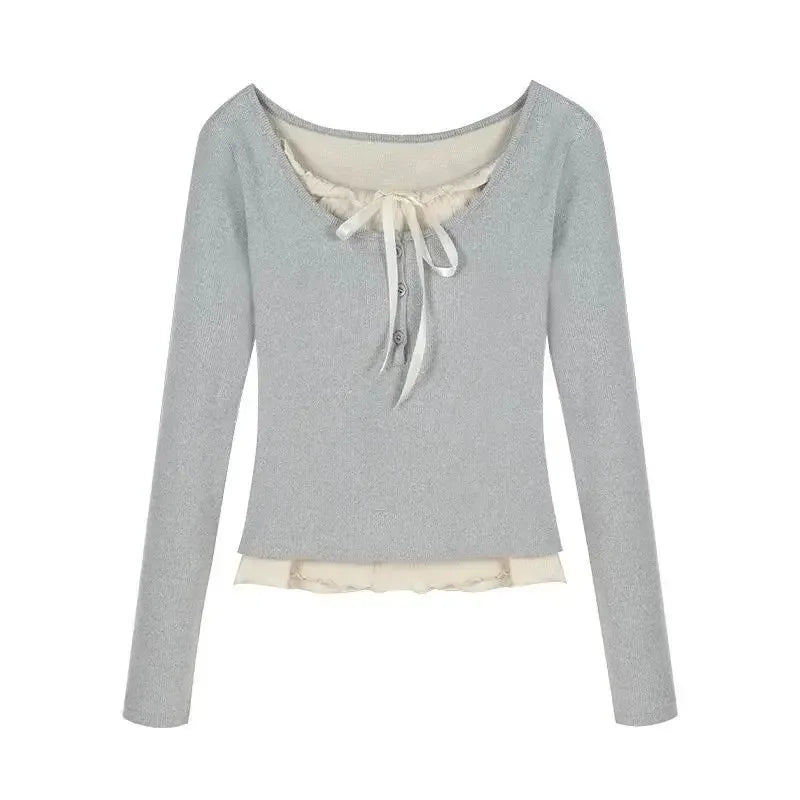 Korean Fashion Cropped Tshirt Women Long Sleeve Coquette Lace Streetwear Bow T-shirts Round Neck Tops Vintage Aesthetic