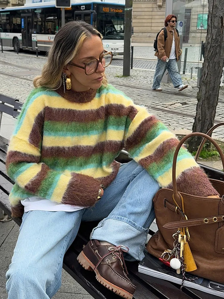 maoxiangshop - Casual Striped Mohair Sweater Women Loose Contrast O-neck Long Sleeve Pullovers 2024 Autumn Winter Lady Street Outwear