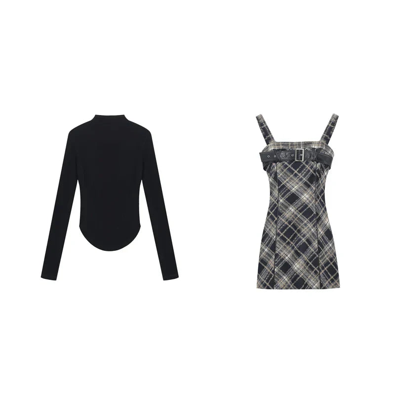 Autumn Elegant Plaid 2 Piece Dress Set Women Outwear Casual Black Blouse + Vintage Slim Strap Dress Korean Fashion Suit