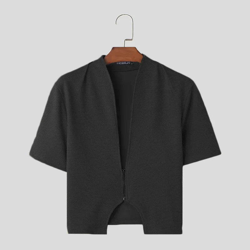 maoxiangshop 2024 Men Shirt Solid Color V Neck Short Sleeve Zipper Streetwear Men Clothing Stylish Casual Irregular Crop Tops S-5XL