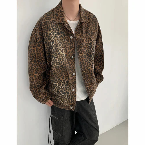 maoxiangshop Hip Hop Men's Vintage Leopard Print Denim Jackets Autumn Fashion Lapel Collar Zipper Jacket Coat Holiday Jackets Streetwear