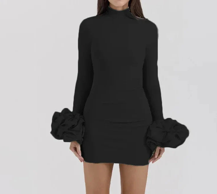 maoxiangshop - Fashion Bodycon Flare Sleeve Mini Dress For Women Flower Splice Turtleneck Sexy Ruched High Waist Club Party Dress Autumn
