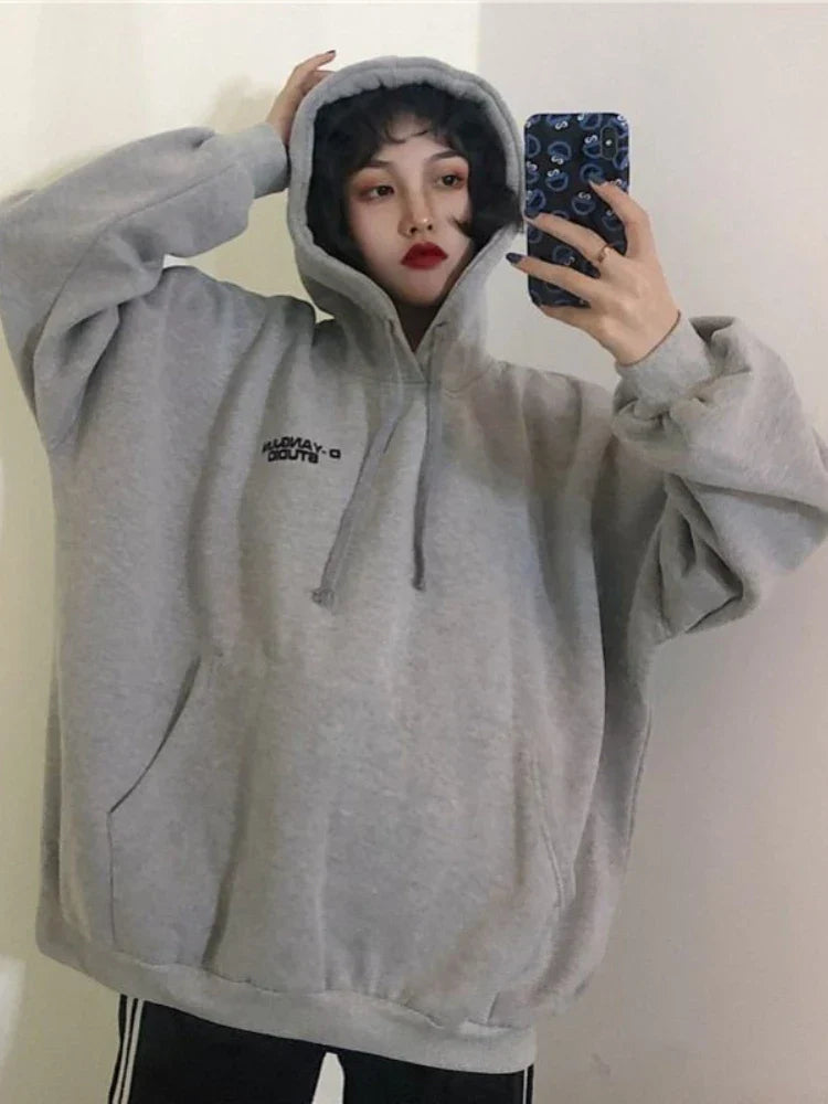 Korean Fashion Oversized Hoodies Women Harajuku Hip Hop Solid Loose Sweatshirts Autumn Winter Fleece Tops Gothic Grunge