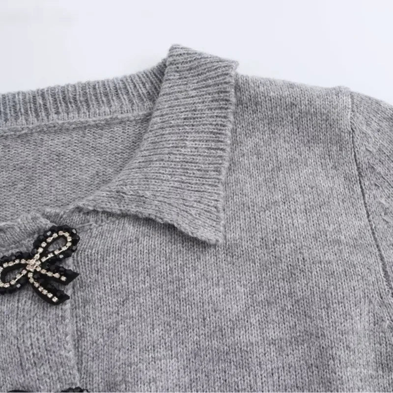 maoxiangshop - Fashion Bow Cropped Knitted Cardigan Women Ribbed Coat Long Sleeve Button Short Sweaters Women 2024 Autumn Knitwears Jacket Top