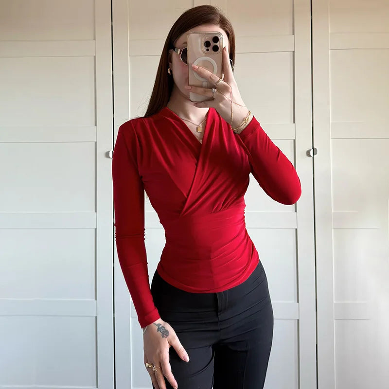 maoxiangshop - Cross-Neck Slim Long Sleeve Crop Top For Women Elegant Ruched Solid T shirt Autumn Fashion Versatile Female Pullovers