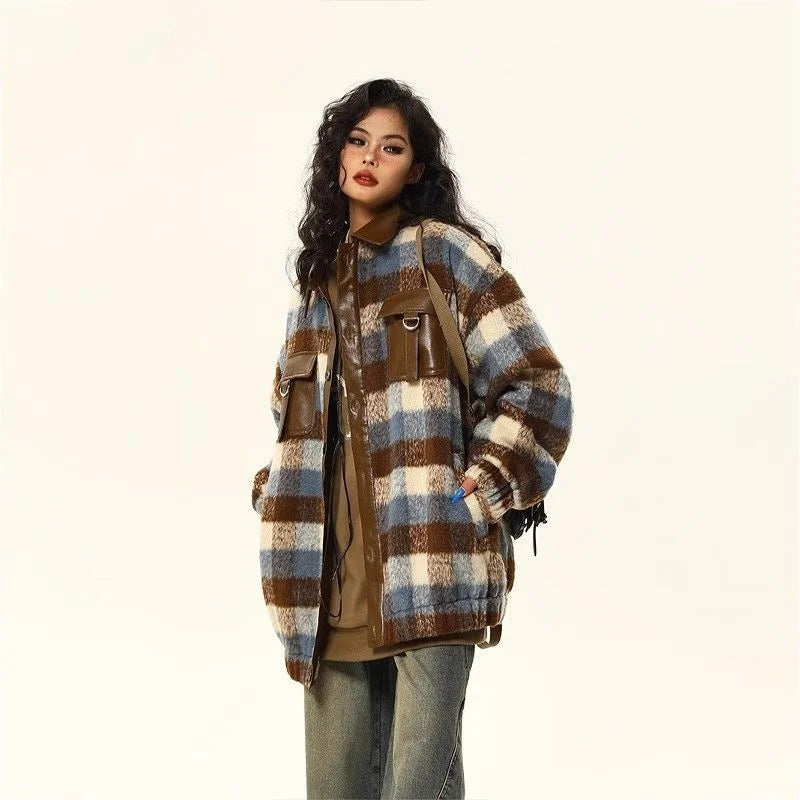 maoxiangshop - 2024 American Retro Casual Woolen Patchwork Leather Jacket For Women In Autumn Winter Maillard Atmosphere Woolen Plaid Jacket