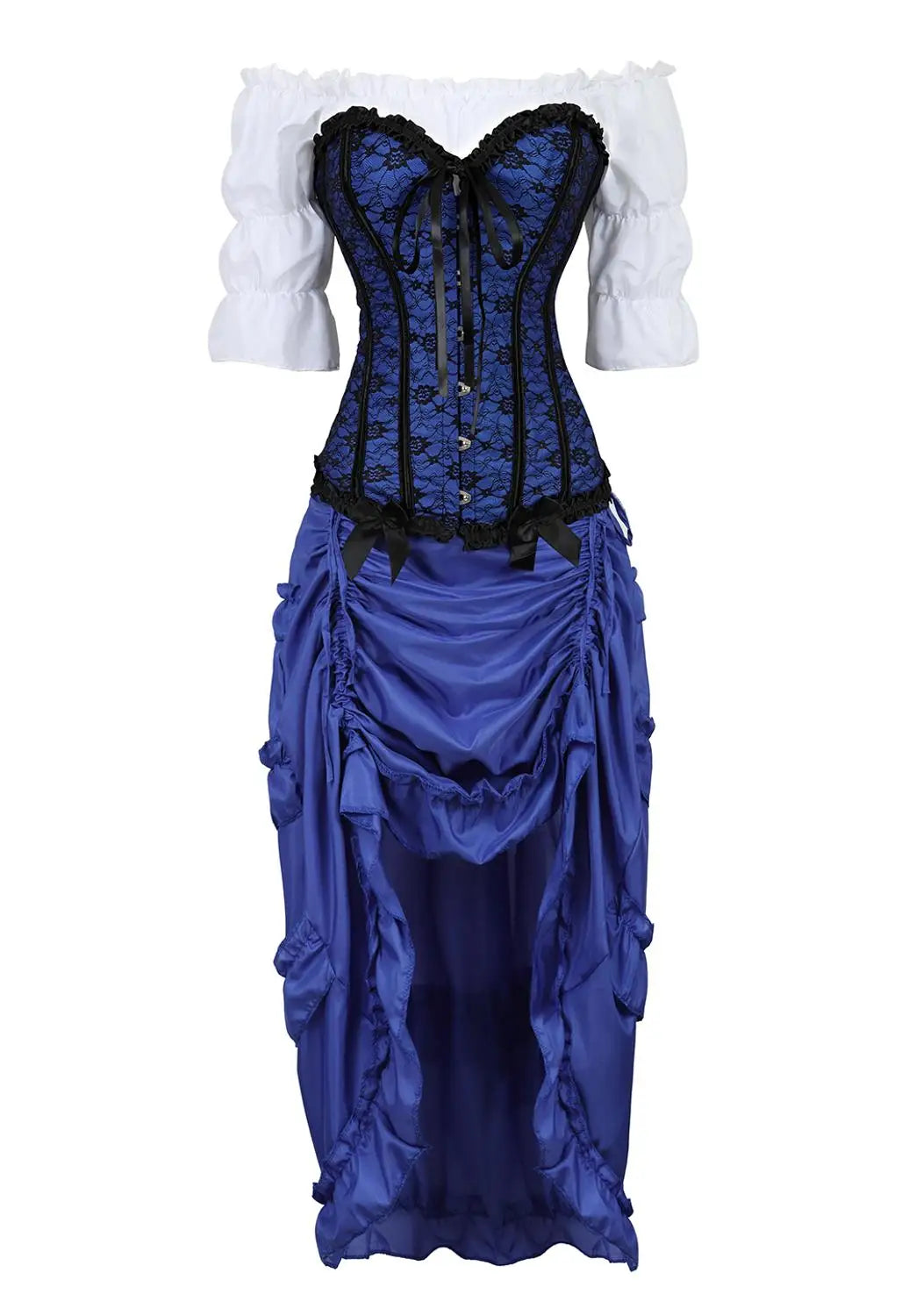maoxiangshop - Corset 3 Piece Outfits for Women Steampunk Renaissance White Blouse Set Carnival Party Lace Up Boned Bustiers with Pirate Skirt