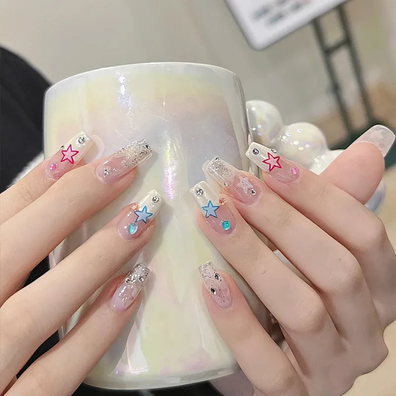 maoxiangshop 24pcs Wearable Pink Press On Fake Nails Tips With Glue false nails design Butterfly Lovely Girl false nails With Wearing Tools