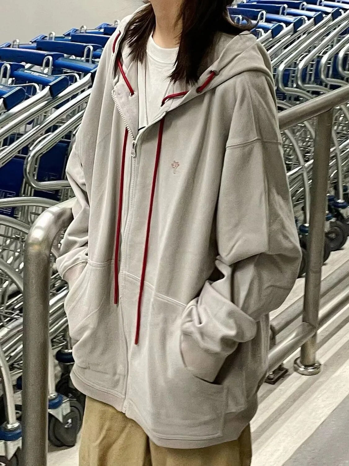 Korean Gray Zip Up Hoodies Women Harajuku Streetwear Zipper Hooded Sweatshirts Kpop Casual Thin Tops Vintage Clothes