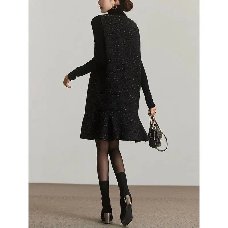 Vintage Tweed Mini Dress Women Elegant Ruffles V Neck One Pieces Dresses Winter Black Sundress Korean Sleeveless Vestidos