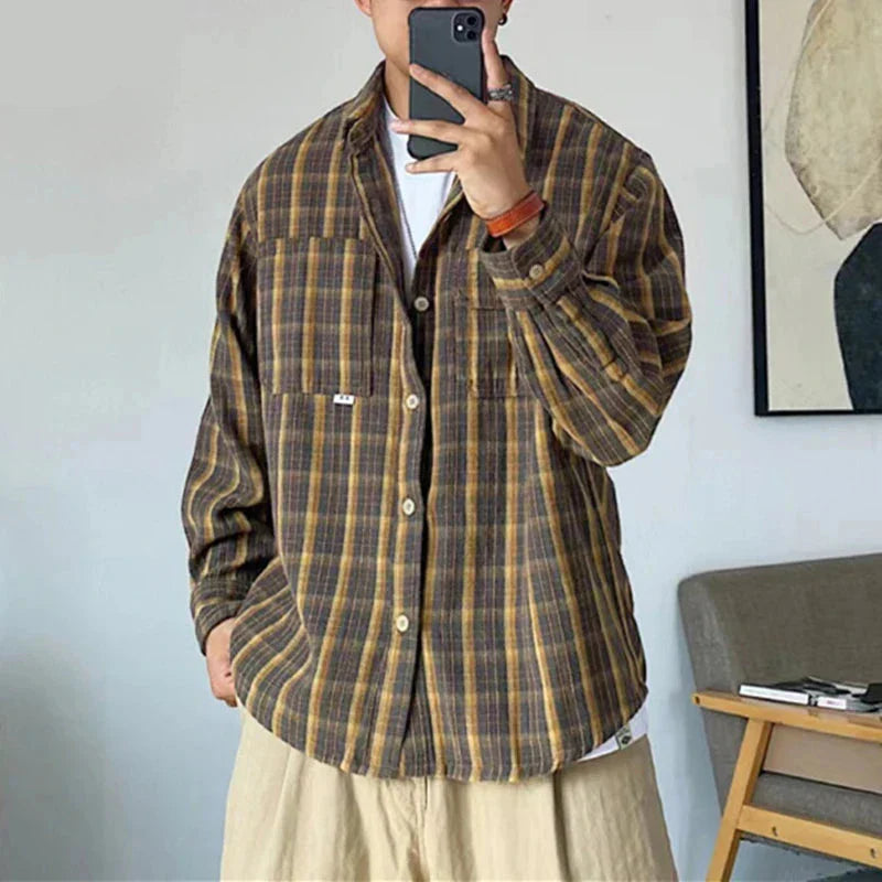 maoxiangshop Spring Autumn Korean Style Casual High Quality Khaki Plaid Shirt Men Clothing Harajuku Coats Japanese Streetwear Vintage Clothes