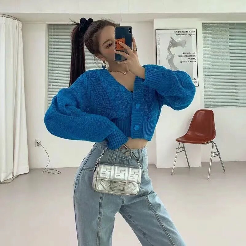 maoxiangshop Chunky Crop Cardigan for Women Pink Blue Green V-Neck Button Up Cable Knit Sweater Jacket Autumn Winter