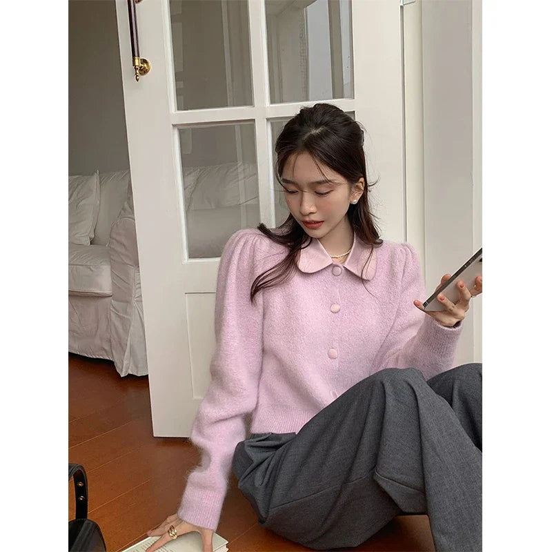 Elegant Knitted Cardigans Women Cropped Patchwork Sweater Coat Korean Solid Slim Knitwear Jackets All Match Jumper Outwear