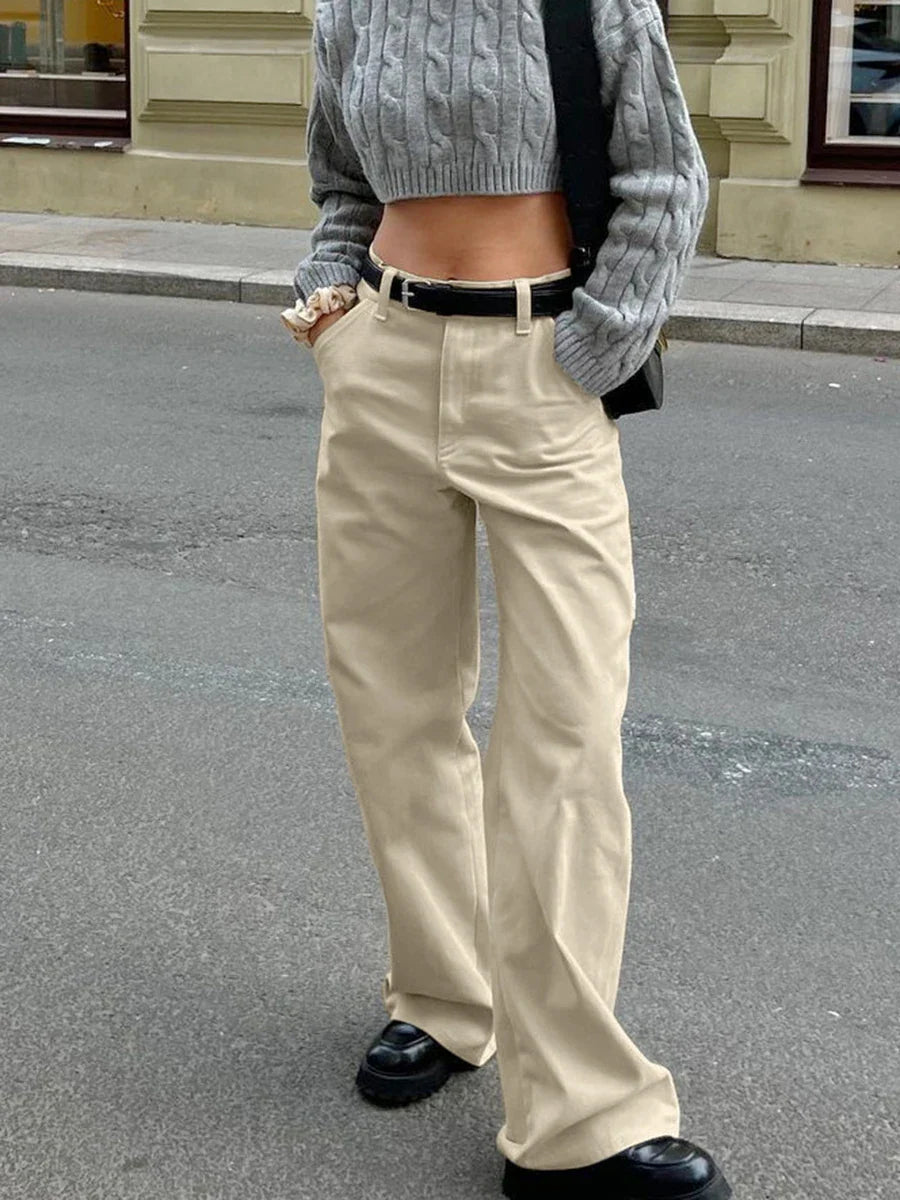 maoxiangshop - Khaki Classic Wide Leg Pant Women High Waist Pocket Loose Simple Trouser 2024 Autumn Winter Streetwear Fashion Casual Pants New