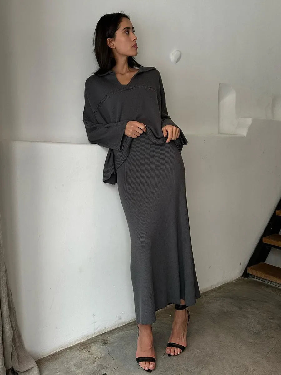maoxiangshop - Lapel Sweater + Fishtail Skirts Sets Fashion Knitting Autumn Women Suit Knit Pullover Top Long Skirts Fashion Two Piece Set 2025