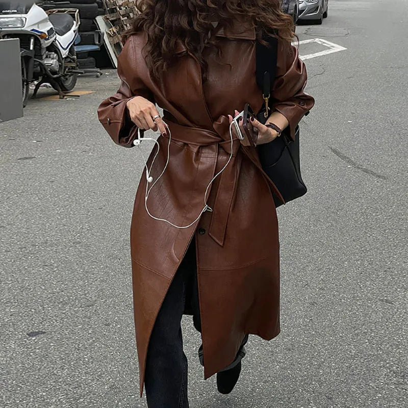 maoxiangshop - Autumn Winter Vintage Trench Coat Women New Lapel Single Breasted Loose Long PU Leather Cool Coat Fashion Classic Casual Coat