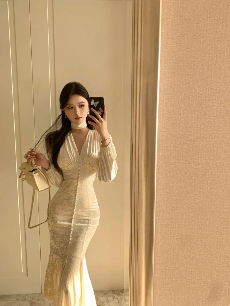 maoxiangshop Elegant Chic Single Breasted Velvet Midi Dresses for Women Spring Autumn Vintage Evening Party Slim Mermaid Female Clothing Robe