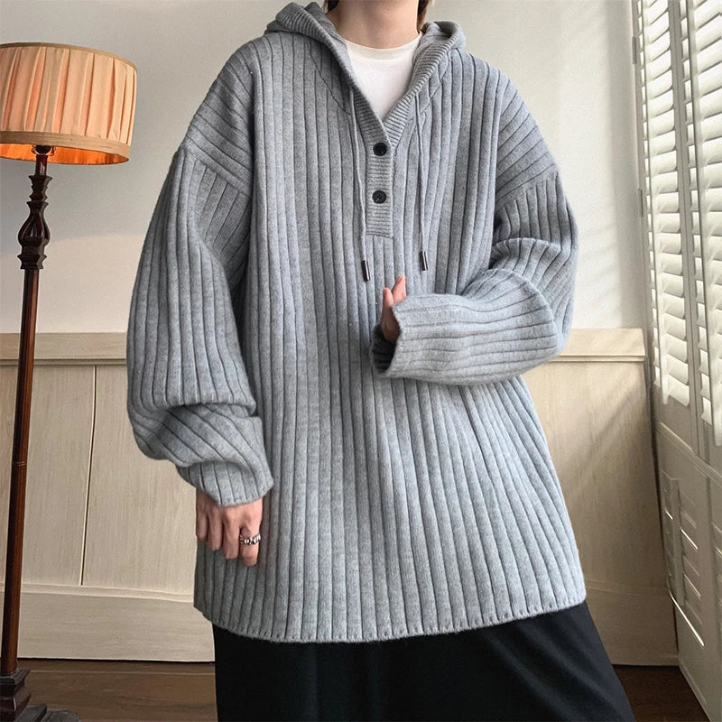 maoxiangshop Winter Clothing Men's Luxury Knitted Hooded Pullover Sweater Casual Streetwear Button-down Solid Color Long Sleeve Hoodie
