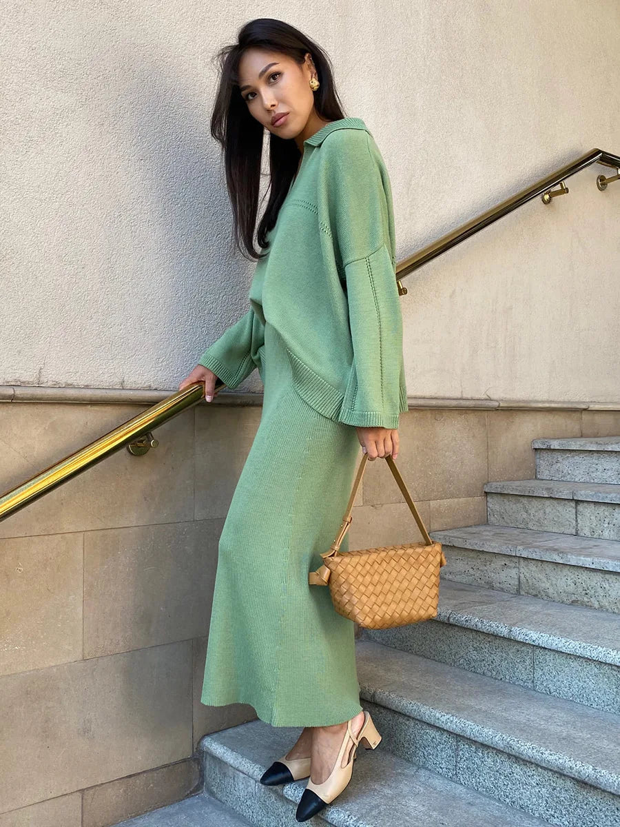 maoxiangshop - Lapel Sweater + Fishtail Skirts Sets Fashion Knitting Autumn Women Suit Knit Pullover Top Long Skirts Fashion Two Piece Set 2025