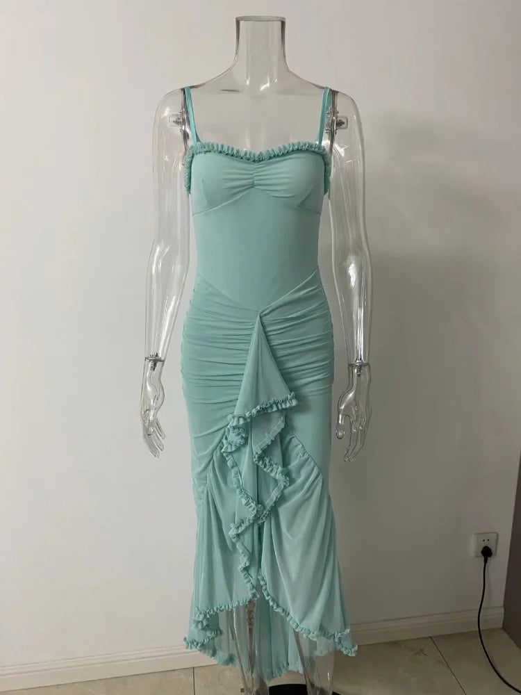 Women Elegant Irregular Ruffles Hem Pleated Sling Maxi Dress Sexy Sleeveless Backless Slim Robes Lady Evening Party Dresses